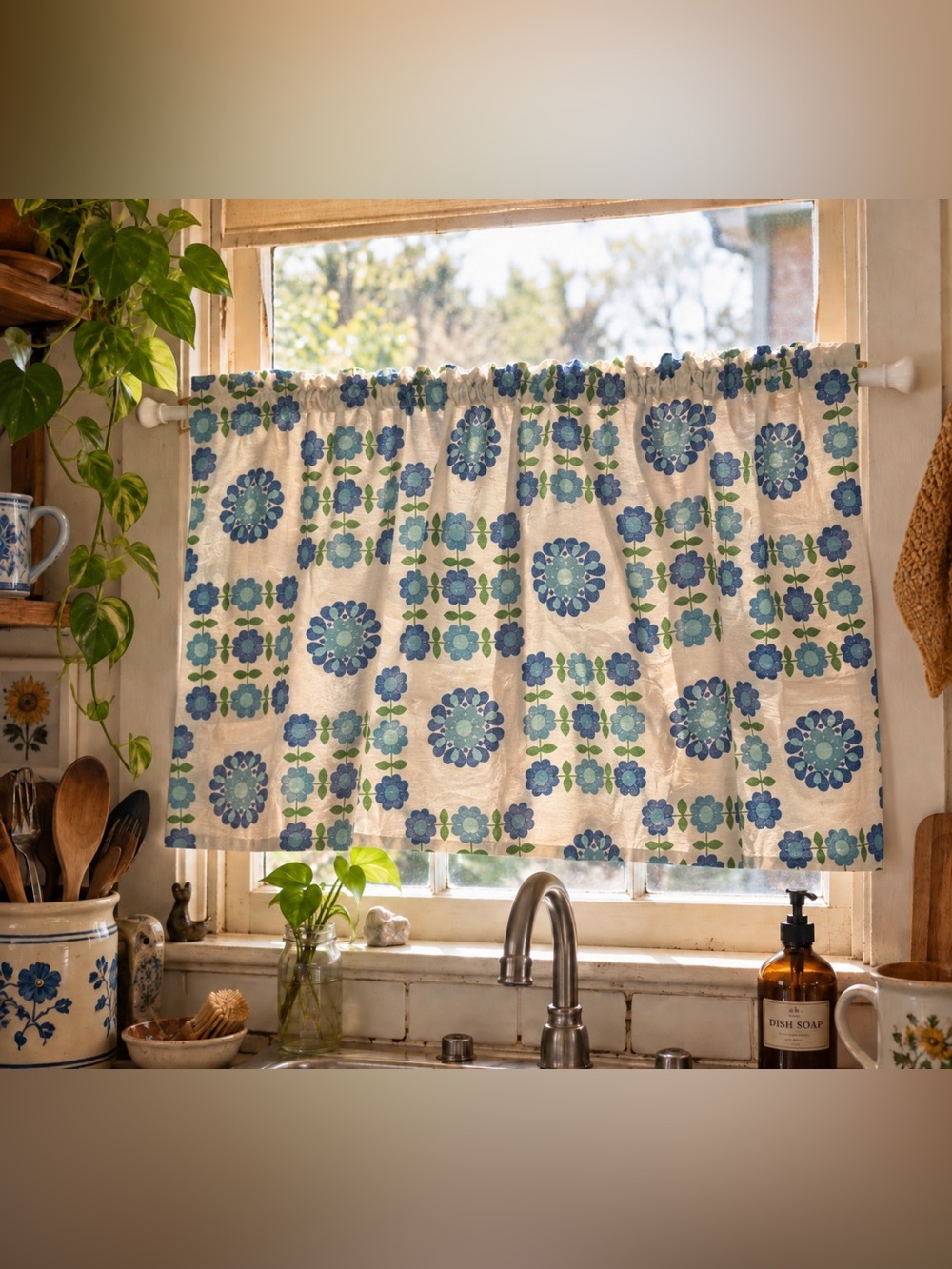 Vintage 1960s Blue Teal Green Floral Café Curtain + Kirsch Tension Rod • Retro M